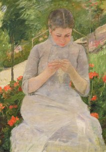 Jeune femme cousant dans le jardin, vers 1880-82